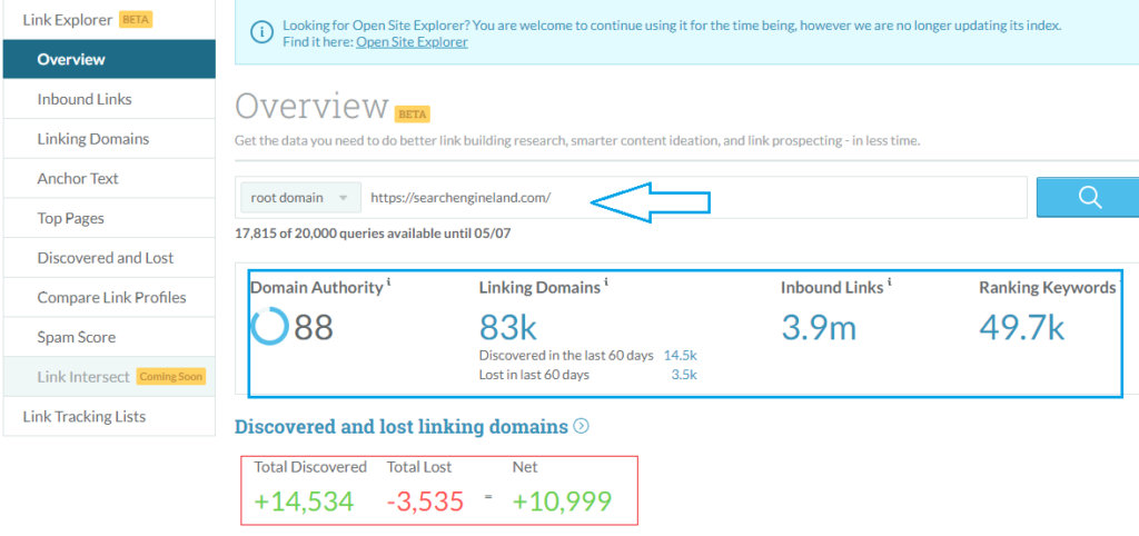 Moz link metrics for a domain