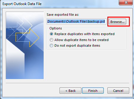 Export Outlook Data file in backup of emails