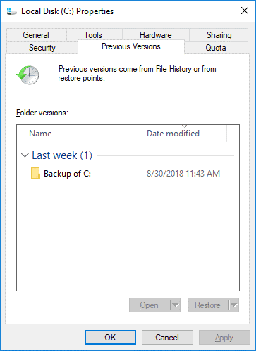 Retrieve deleted files from the Previous Versions in Windows 10