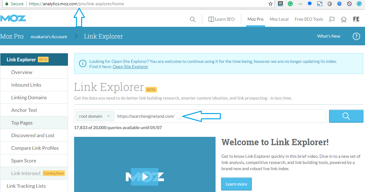MOZ Link explorer pro version update